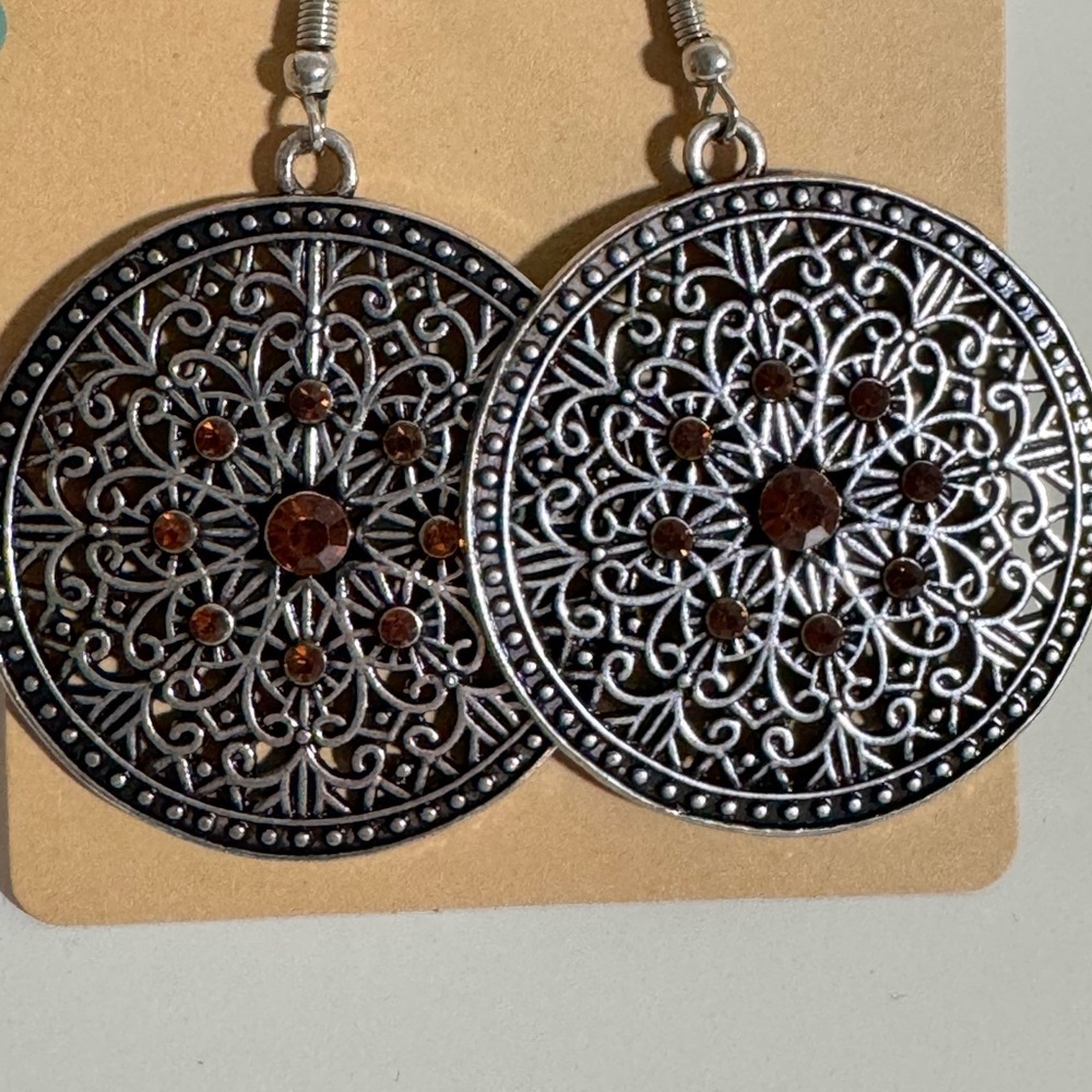 Boho Silver Filigree Mandala Round Drop Earrings Amber Rhinestone Dangle